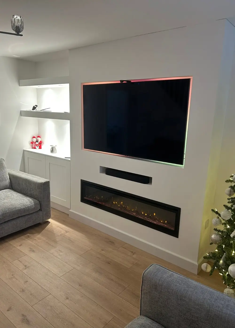 Media wall with recessed television, electric fire and LED lighting